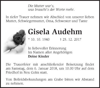 Traueranzeige von Gisela Audehm von Märkische Oderzeitung