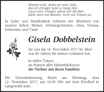 Traueranzeige von Gisela Dobbelstein von Märkische Oderzeitung