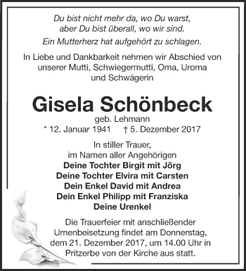 Traueranzeige von Gisela Schönbeck von Märkische Oderzeitung