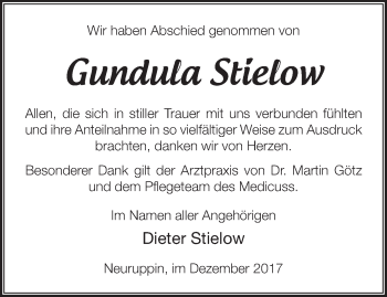 Traueranzeige von Gundula Stielow von Märkische Oderzeitung