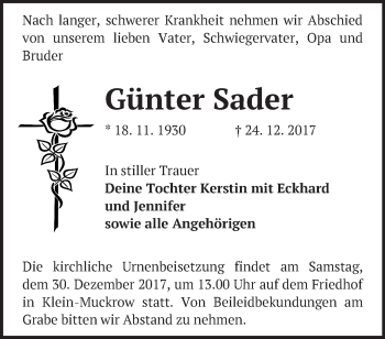 Traueranzeige von Günter Sader von Märkische Oderzeitung