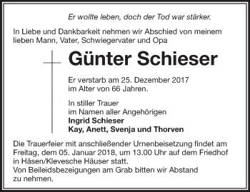 Traueranzeige von Günter Schieser von Märkische Oderzeitung