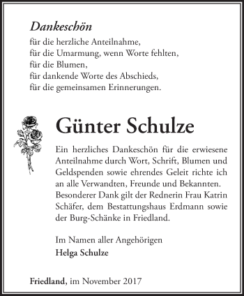 Traueranzeige von Günter Schulze von Märkische Oderzeitung