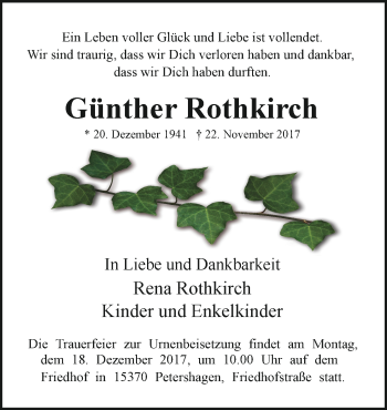 Traueranzeige von Günther Rothkirch von Märkische Oderzeitung