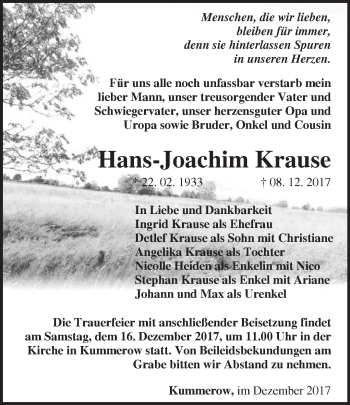 Traueranzeige von Hans-Joachim Krause von Märkische Oderzeitung