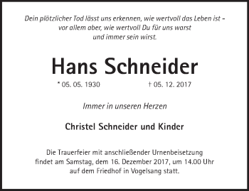 Traueranzeige von Hans Schneider von Märkische Oderzeitung