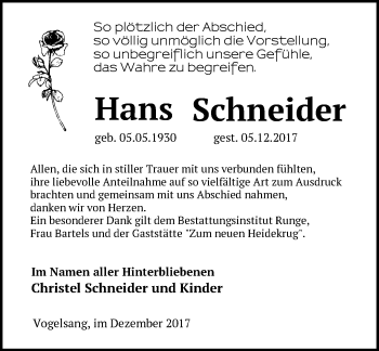 Traueranzeige von Hans Schneider von Märkische Oderzeitung