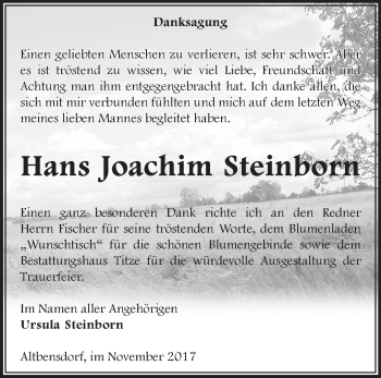 Traueranzeige von Hans Joachim Steinborn von Märkische Oderzeitung