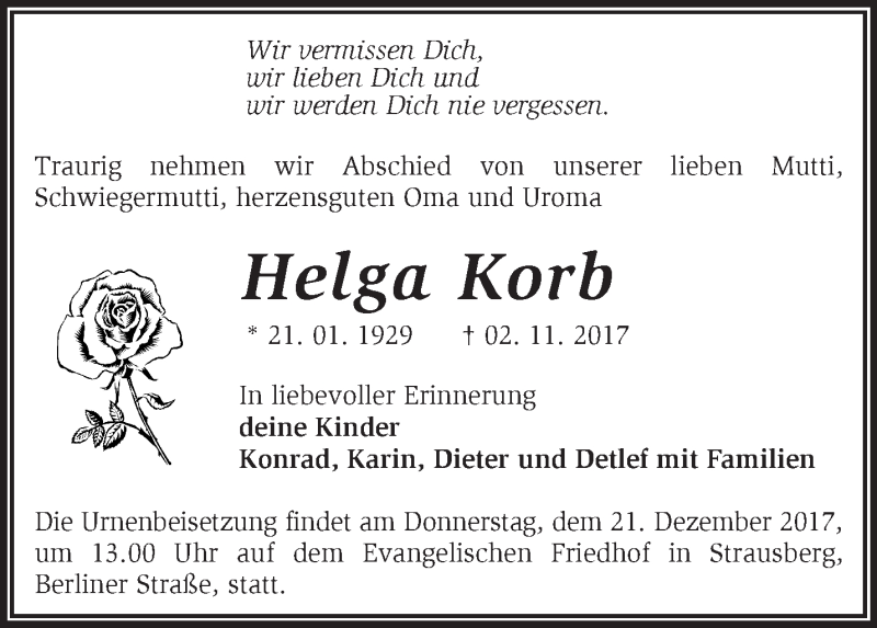  Traueranzeige für Helga Korb vom 16.12.2017 aus Märkische Oderzeitung