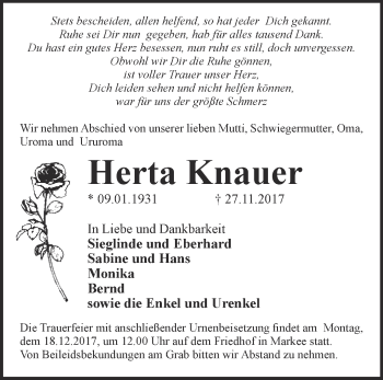 Traueranzeige von Herta Knauer von Märkische Oderzeitung