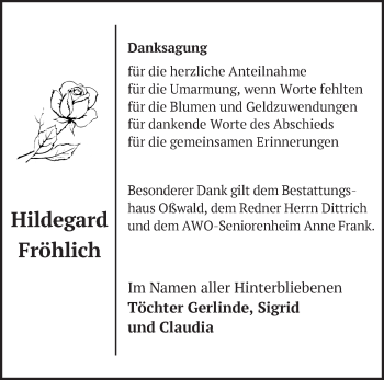 Traueranzeige von Hildegard Fröhlich von Märkische Oderzeitung