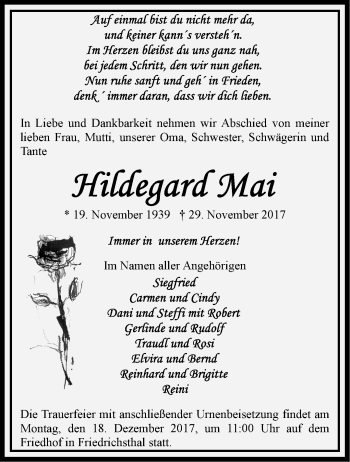 Traueranzeige von Hildegard Mai von Märkische Oderzeitung