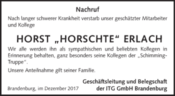 Traueranzeige von Horst Erlach von Märkische Oderzeitung