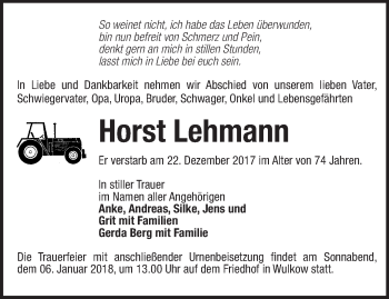 Traueranzeige von Horst Lehmann von Märkische Oderzeitung