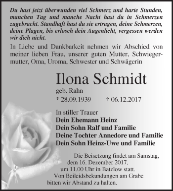 Traueranzeige von Ilona Schmidt von Märkische Oderzeitung