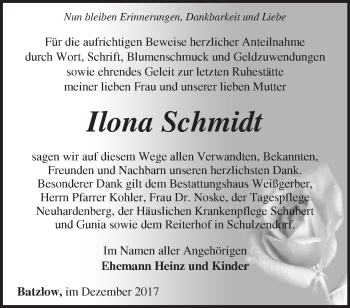 Traueranzeige von Ilona Schmidt von Märkische Oderzeitung