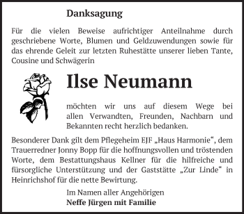 Traueranzeige von Ilse Neumann von Märkische Oderzeitung