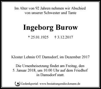 Traueranzeige von Ingeborg Burow von Märkische Oderzeitung