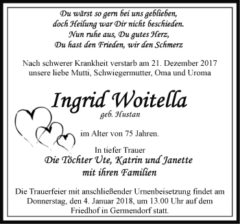 Traueranzeige von Ingrid Woitella von Märkische Oderzeitung