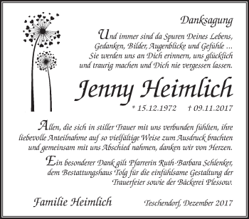 Traueranzeige von Jenny Heimlich von Märkische Oderzeitung