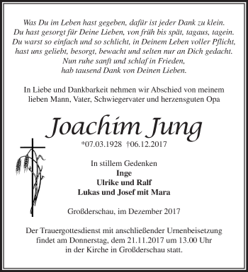 Traueranzeige von Joachim Jung von Märkische Oderzeitung