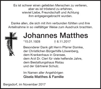 Traueranzeige von Johannes Matthes von Märkische Oderzeitung