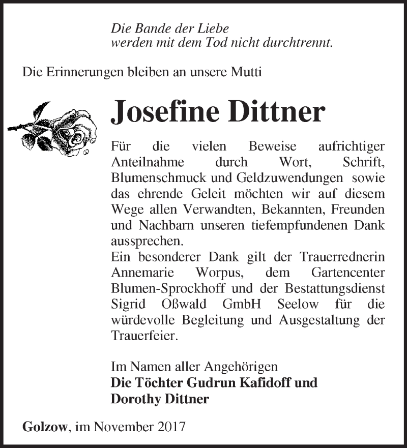  Traueranzeige für Josefine Dittner vom 17.12.2017 aus Märkische Oderzeitung