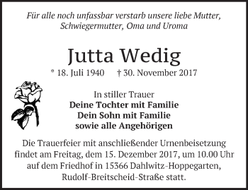 Traueranzeige von Jutta Wedig von Märkische Oderzeitung