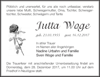 Traueranzeige von Jutta Woge von Märkische Oderzeitung