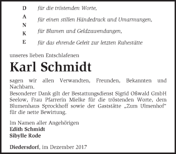 Traueranzeige von Karl Schmidt von Märkische Oderzeitung