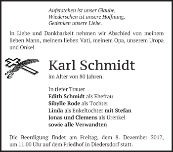 Traueranzeige von Karl Schmidt von Märkische Oderzeitung