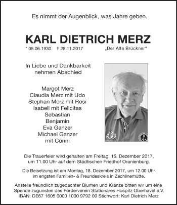 Traueranzeige von Karl Dietrich Merz von Märkische Oderzeitung