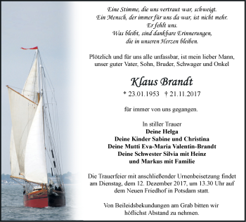 Traueranzeige von Klaus Brandt von Märkische Oderzeitung