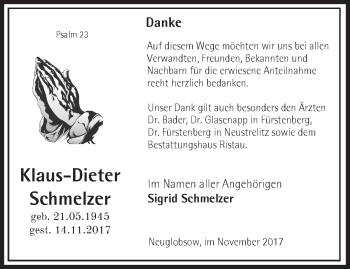 Traueranzeige von Klaus-Dieter Schmelzer von Märkische Oderzeitung