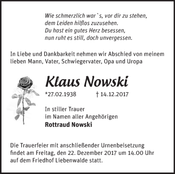 Traueranzeige von Klaus Nowski von Märkische Oderzeitung