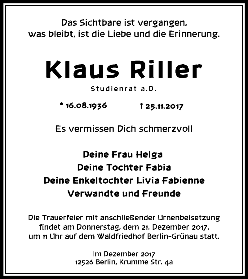  Traueranzeige für Klaus Riller vom 09.12.2017 aus Märkische Oderzeitung