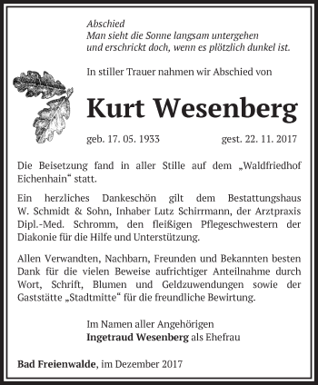 Traueranzeige von Kurt Wesenberg von Märkische Oderzeitung