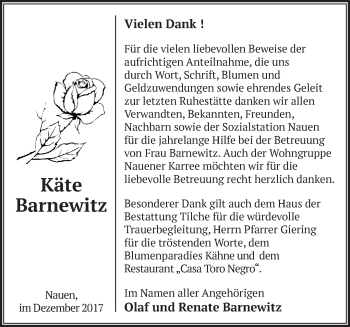 Traueranzeige von Käte Barnewitz von Märkische Oderzeitung