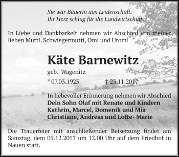 Traueranzeige von Käte Barnewitz von Märkische Oderzeitung