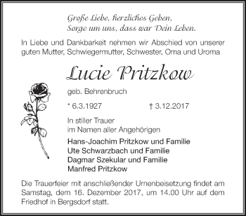 Traueranzeige von Lucie Pritzkow von Märkische Oderzeitung