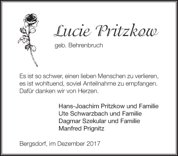 Traueranzeige von Lucie Pritzkow von Märkische Oderzeitung