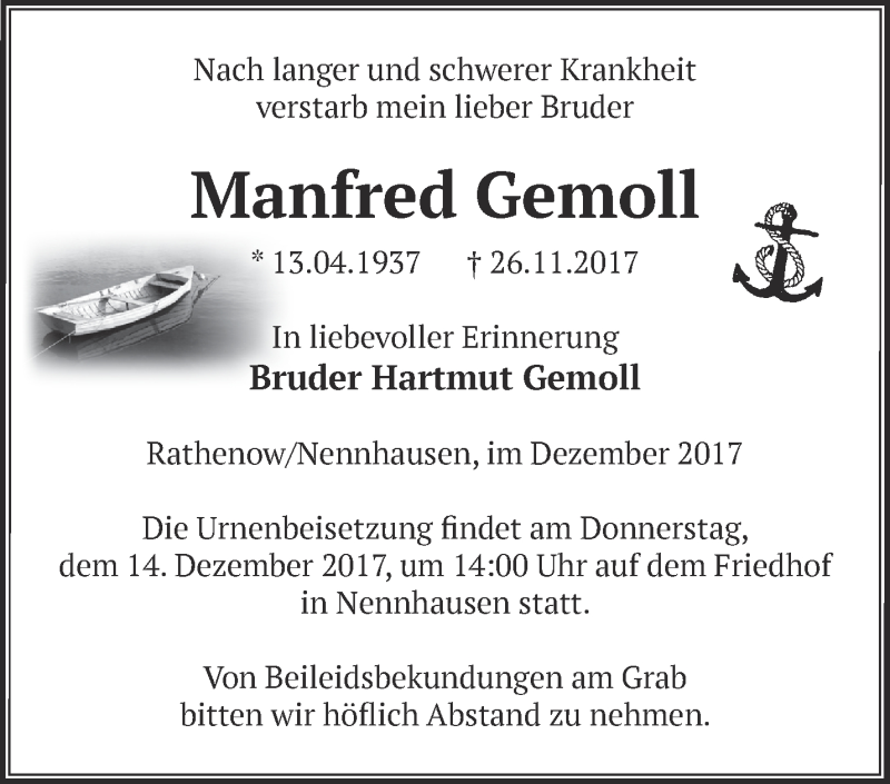  Traueranzeige für Manfred Gemoll vom 13.12.2017 aus Märkische Oderzeitung