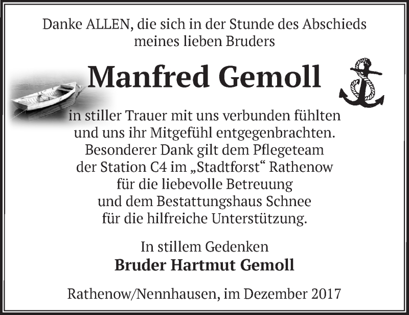  Traueranzeige für Manfred Gemoll vom 17.12.2017 aus Märkische Oderzeitung