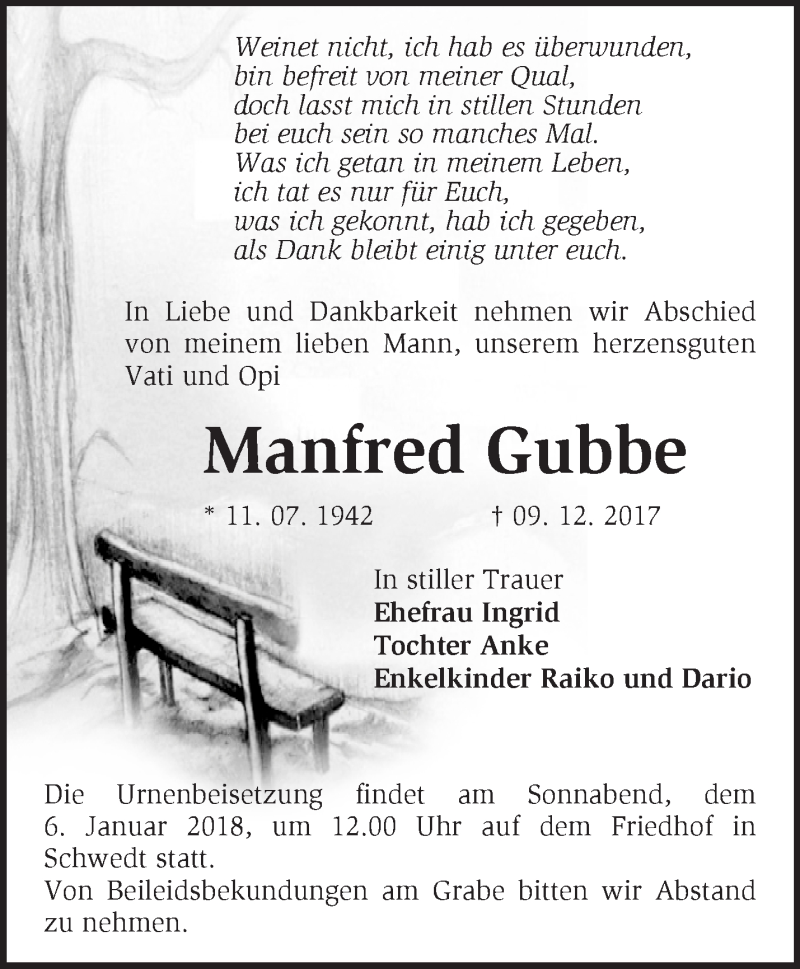  Traueranzeige für Manfred Gubbe vom 27.12.2017 aus Märkische Oderzeitung