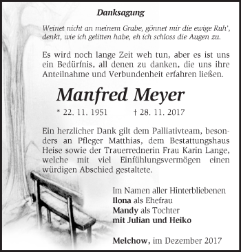 Traueranzeige von Manfred Meyer von Märkische Oderzeitung