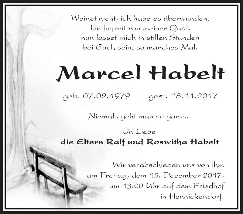  Traueranzeige für Marcel Habelt vom 02.12.2017 aus Märkische Oderzeitung