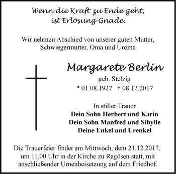 Traueranzeige von Margarete Berlin von Märkische Oderzeitung