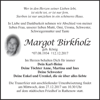 Traueranzeige von Margot Birkholz von Märkische Oderzeitung