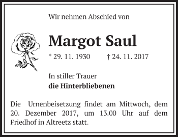 Traueranzeige von Margot Saul von Märkische Oderzeitung