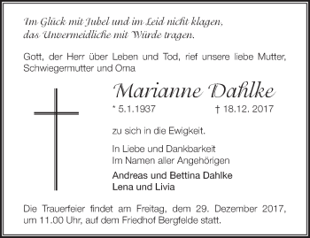 Traueranzeige von Marianne Dahlke von Märkische Oderzeitung